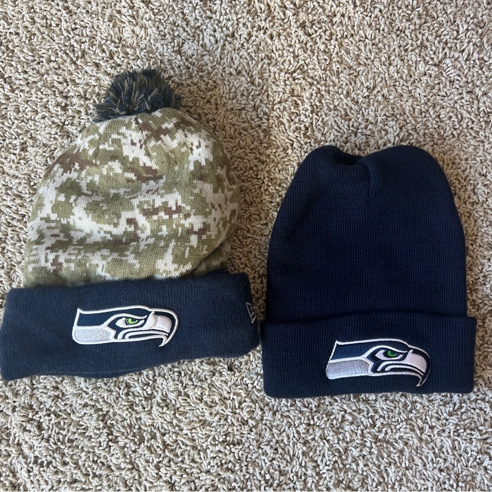 Seattle Seahawks NFL Football Stocking Hats Set of Two Camo Military O8